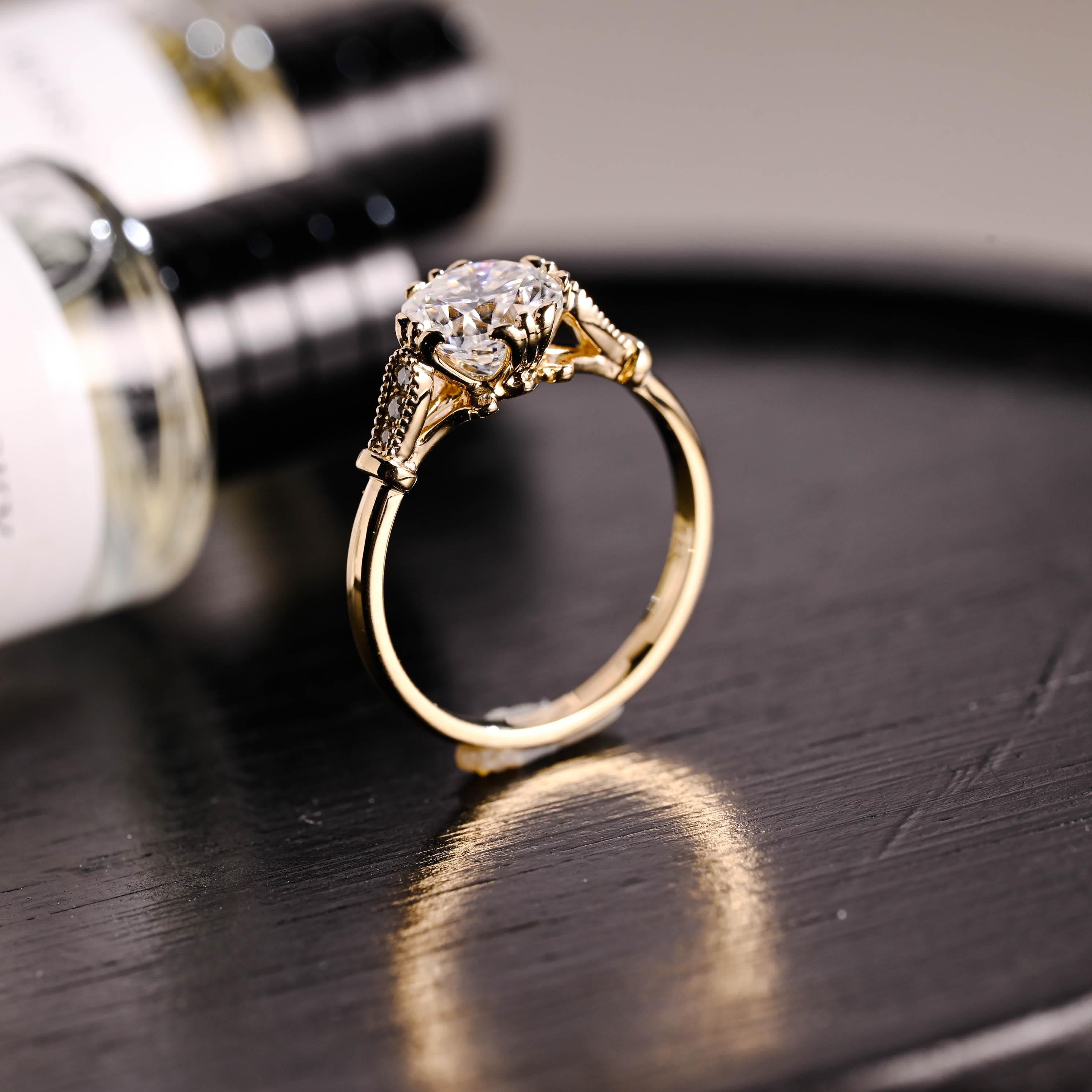 Solid Gold Filigree Cushion Cut Moissanite Engagement Ring, Beaded Milgrain Wedding Ring