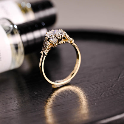 Solid Gold Filigree Cushion Cut Moissanite Engagement Ring, Beaded Milgrain Wedding Ring
