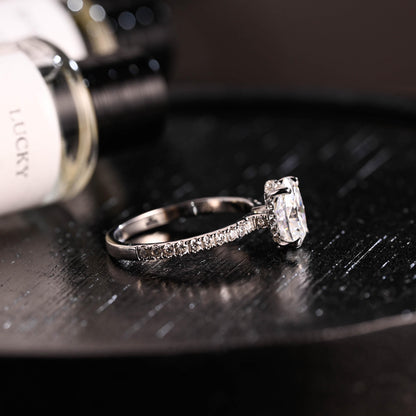 Solid Gold High Profile Oval Cut Moissanite Engagement Ring, Hidden Halo Wedding Ring
