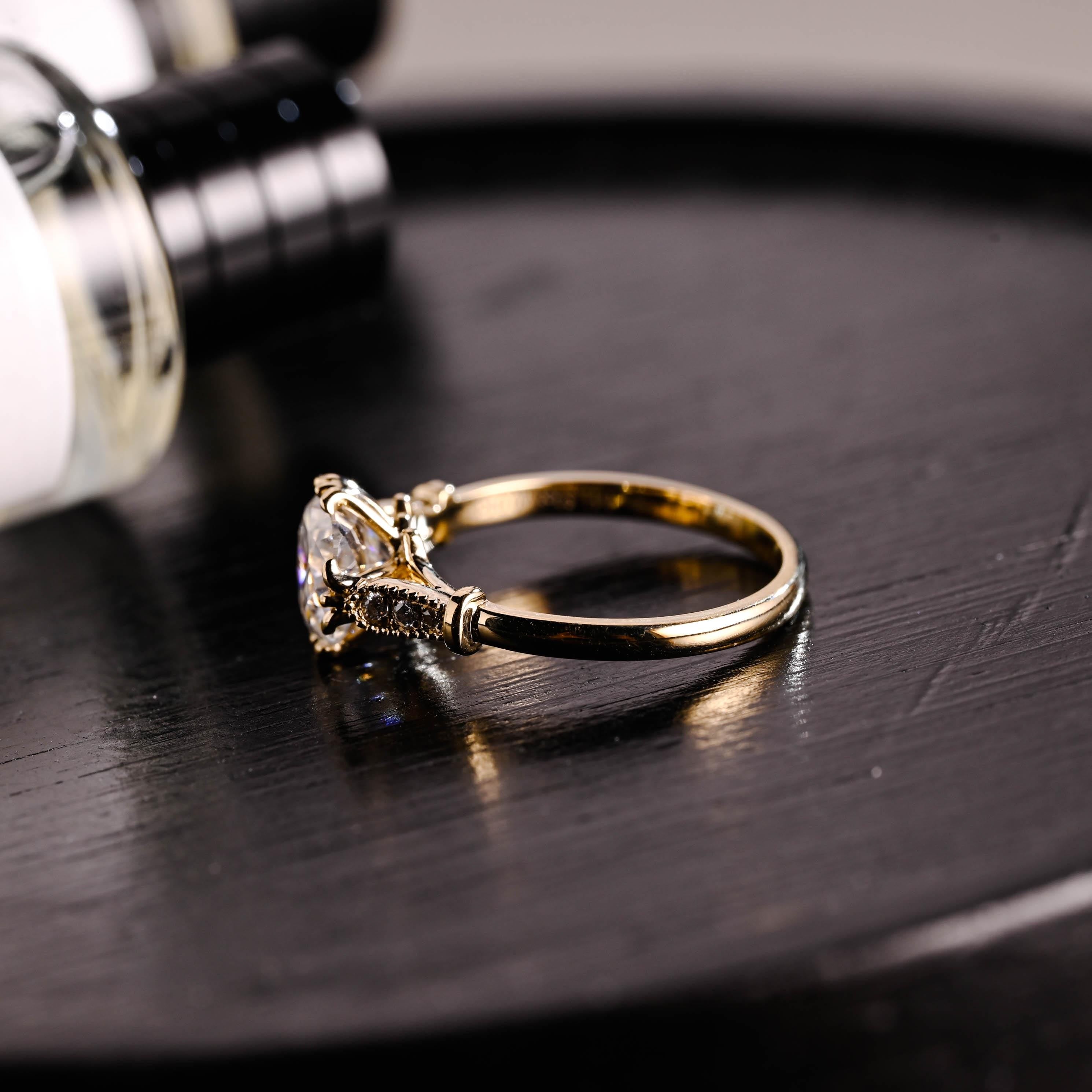 Solid Gold Filigree Cushion Cut Moissanite Engagement Ring, Beaded Milgrain Wedding Ring
