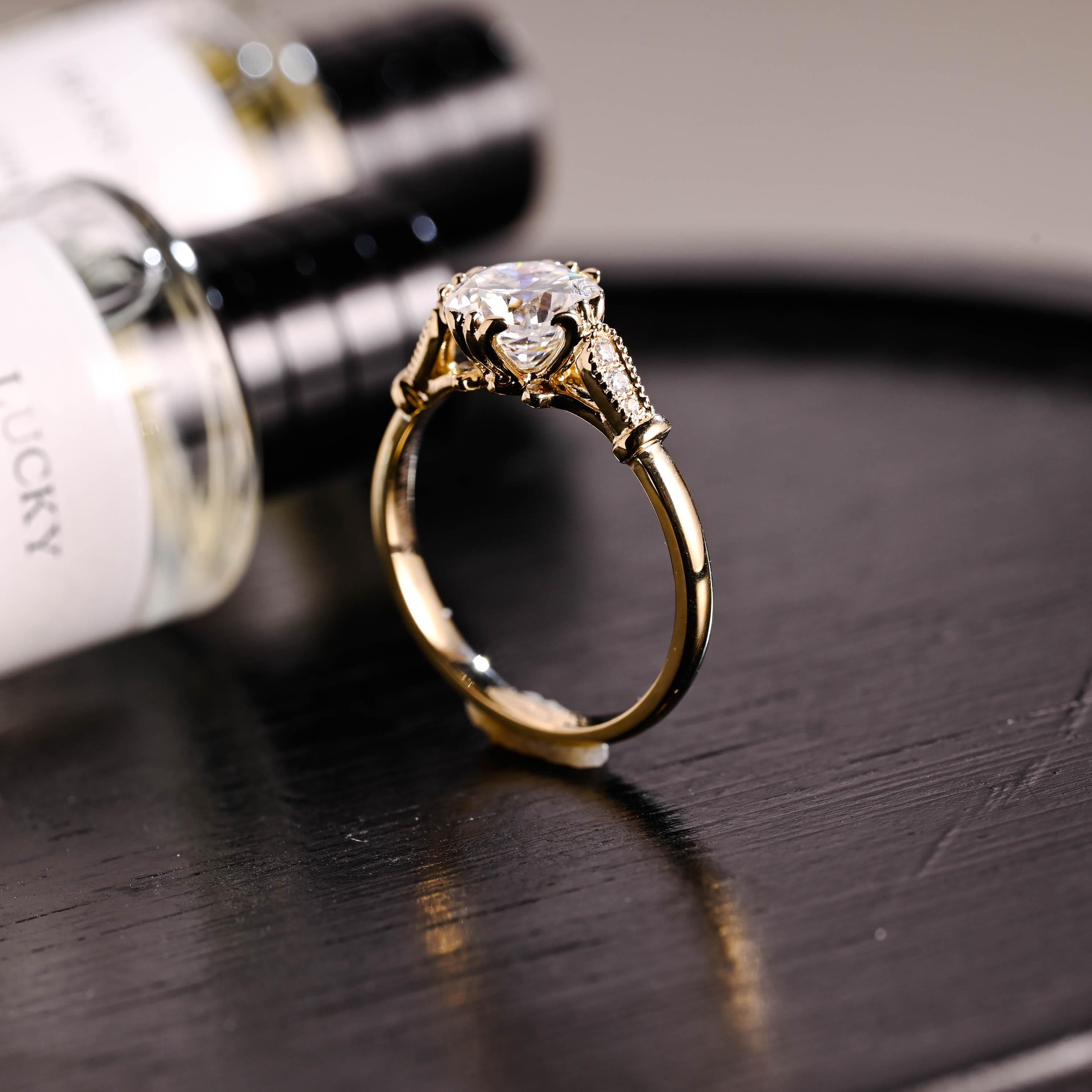 Solid Gold Filigree Cushion Cut Moissanite Engagement Ring, Beaded Milgrain Wedding Ring