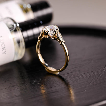 Solid Gold Filigree Cushion Cut Moissanite Engagement Ring, Beaded Milgrain Wedding Ring