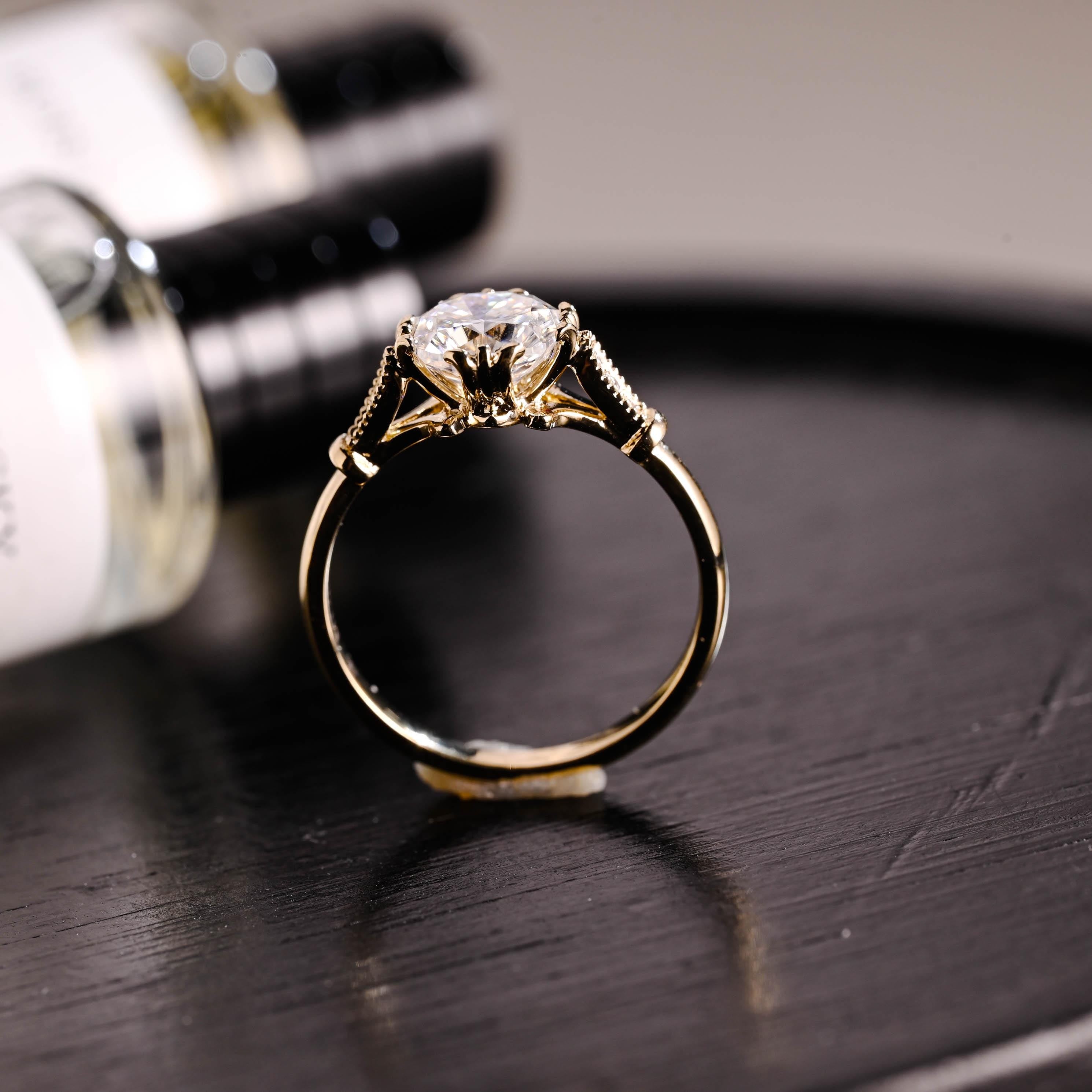 Solid Gold Filigree Cushion Cut Moissanite Engagement Ring, Beaded Milgrain Wedding Ring