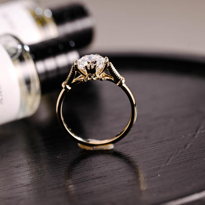 Solid Gold Filigree Cushion Cut Moissanite Engagement Ring, Beaded Milgrain Wedding Ring