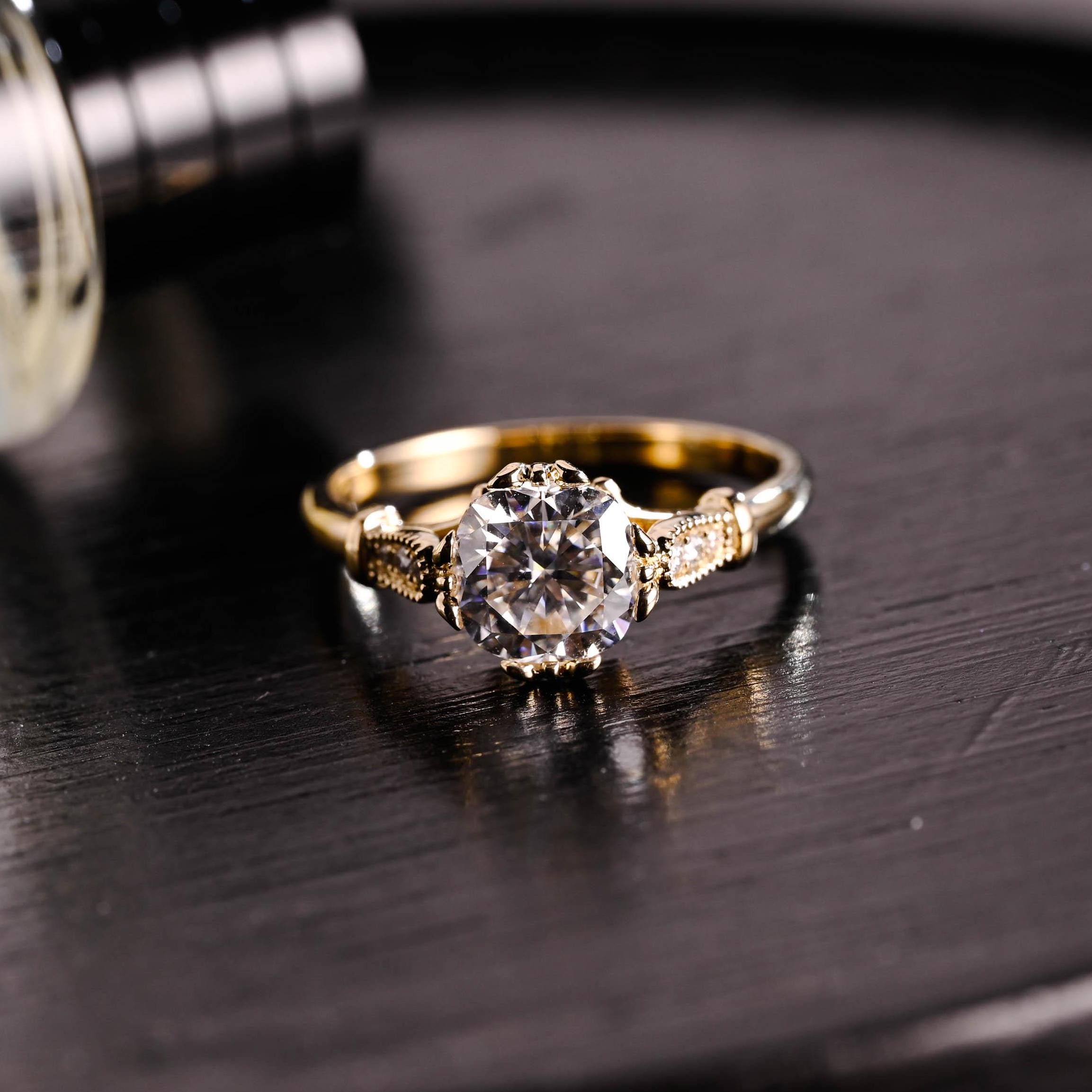 Solid Gold Filigree Cushion Cut Moissanite Engagement Ring, Beaded Milgrain Wedding Ring