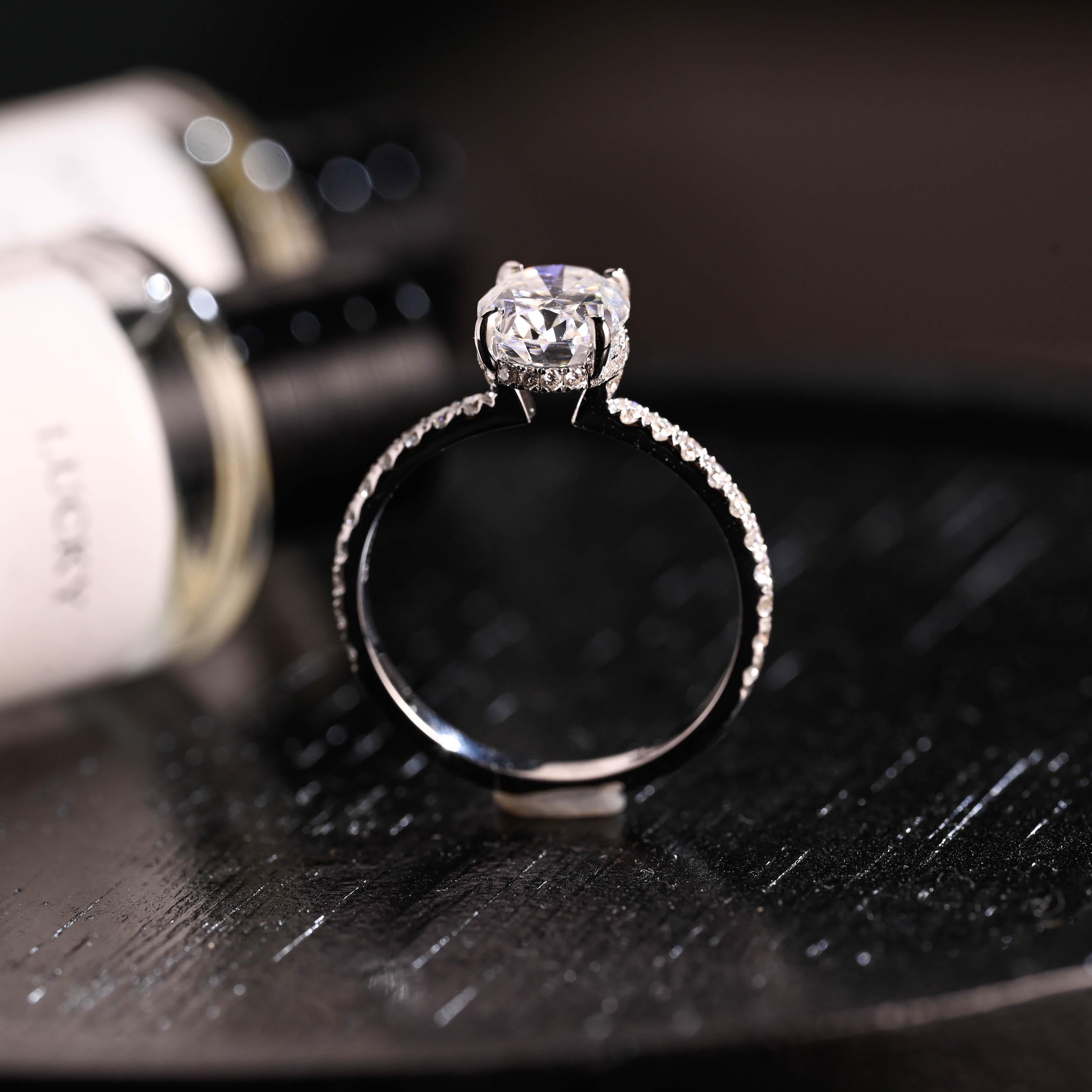 Solid Gold High Profile Oval Cut Moissanite Engagement Ring, Hidden Halo Wedding Ring