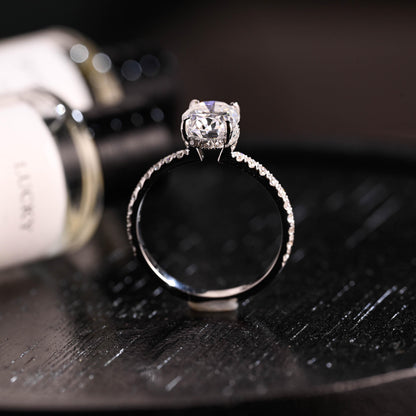 Solid Gold High Profile Oval Cut Moissanite Engagement Ring, Hidden Halo Wedding Ring