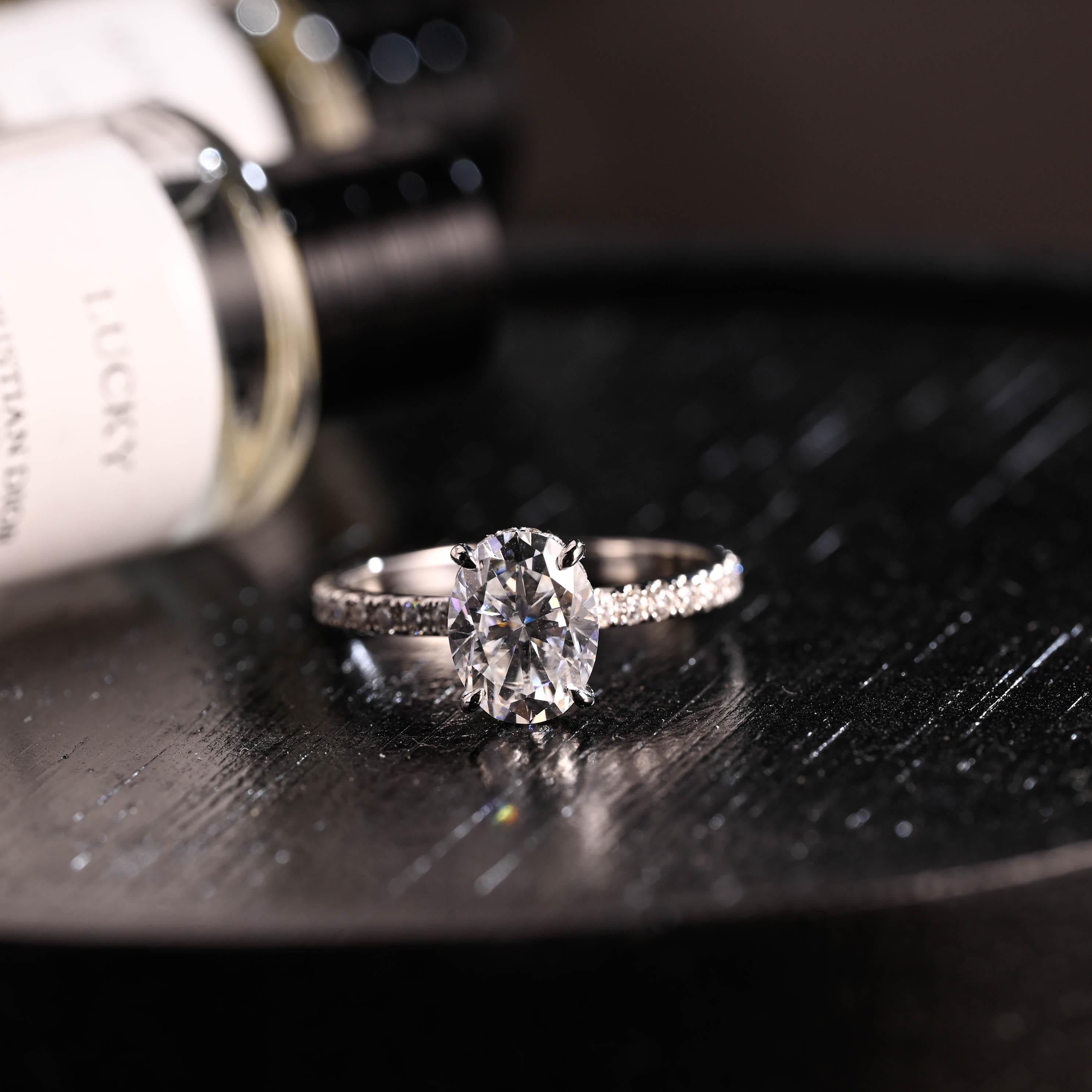 Solid Gold High Profile Oval Cut Moissanite Engagement Ring, Hidden Halo Wedding Ring