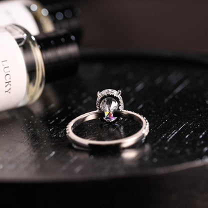 Solid Gold High Profile Oval Cut Moissanite Engagement Ring, Hidden Halo Wedding Ring