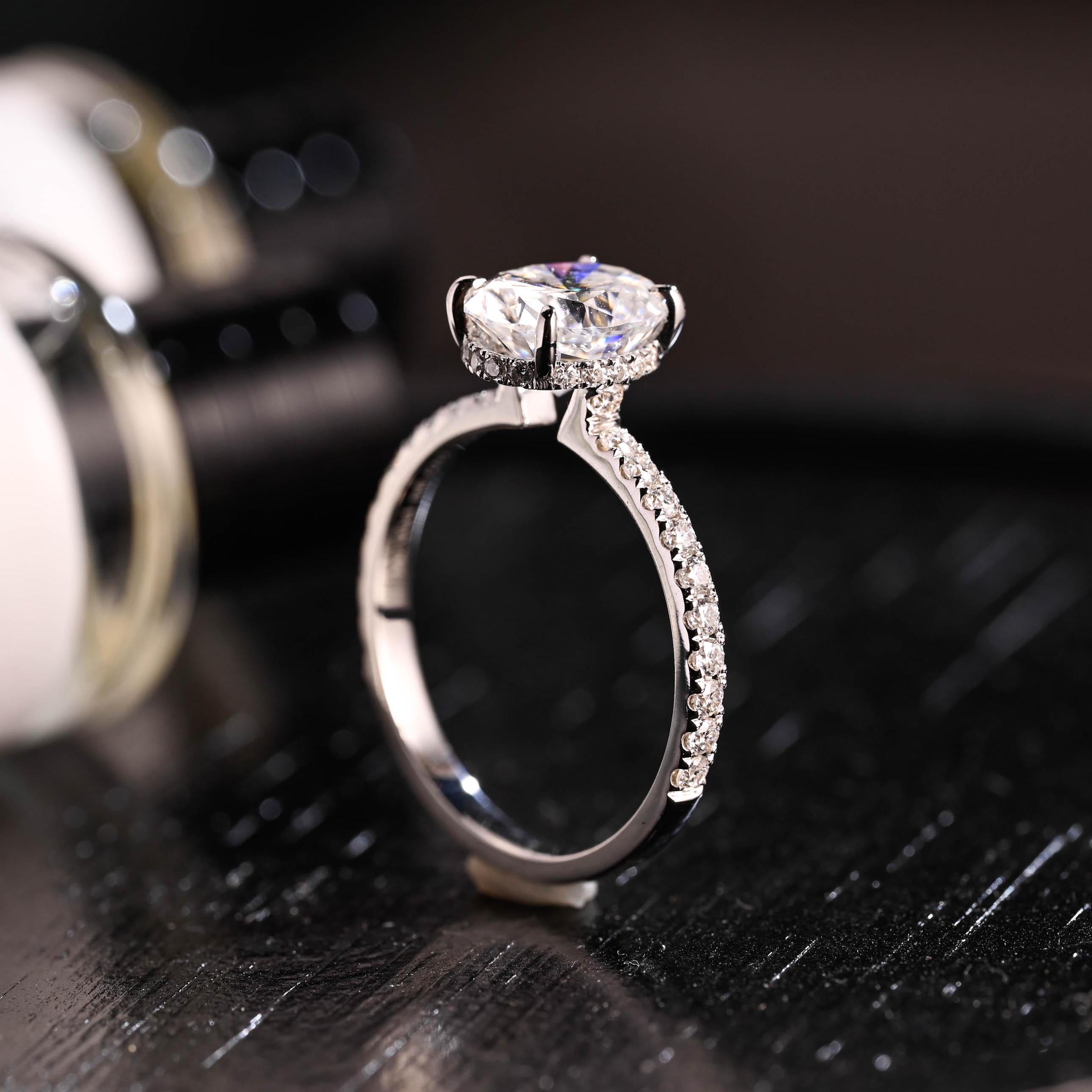 Solid Gold High Profile Oval Cut Moissanite Engagement Ring, Hidden Halo Wedding Ring