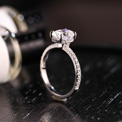 Solid Gold High Profile Oval Cut Moissanite Engagement Ring, Hidden Halo Wedding Ring