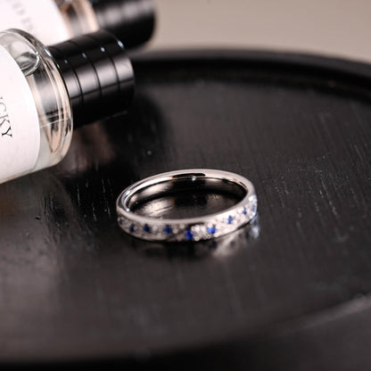 Solid Gold Moissanite & Blue Sapphire Wedding Band, Anniversary Ring