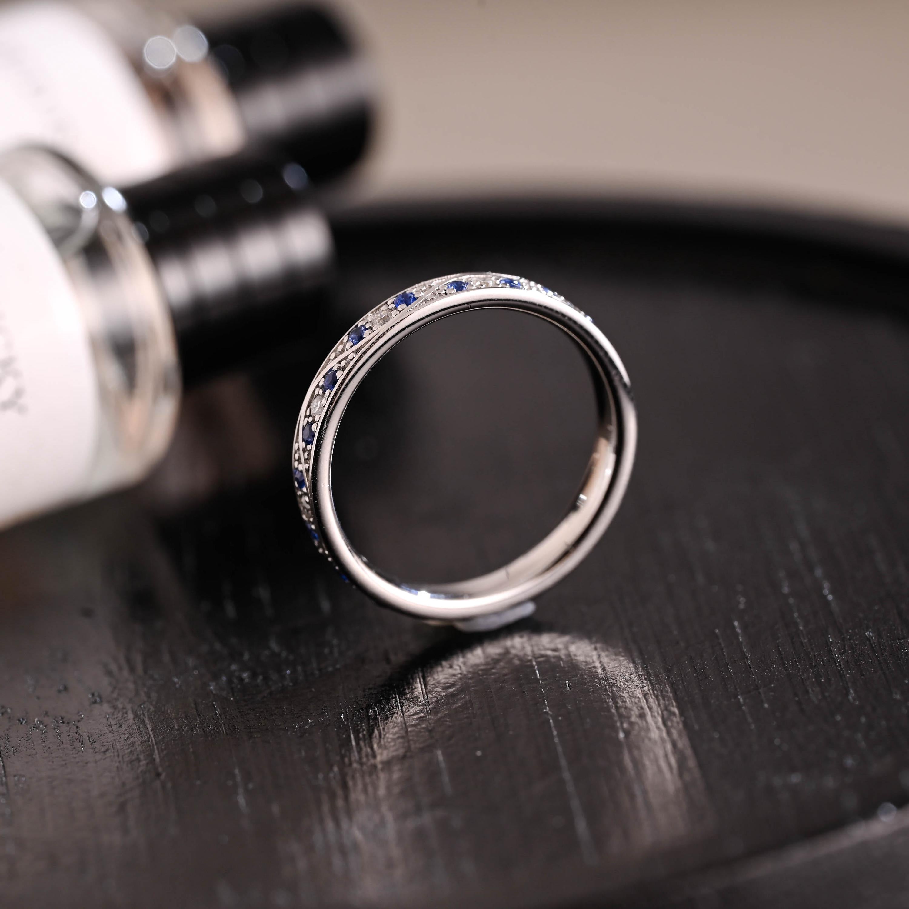 Solid Gold Moissanite & Blue Sapphire Wedding Band, Anniversary Ring