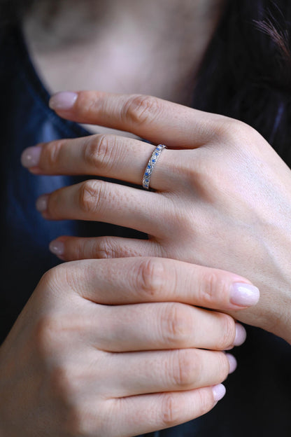 Solid Gold Moissanite & Blue Sapphire Wedding Band, Anniversary Ring