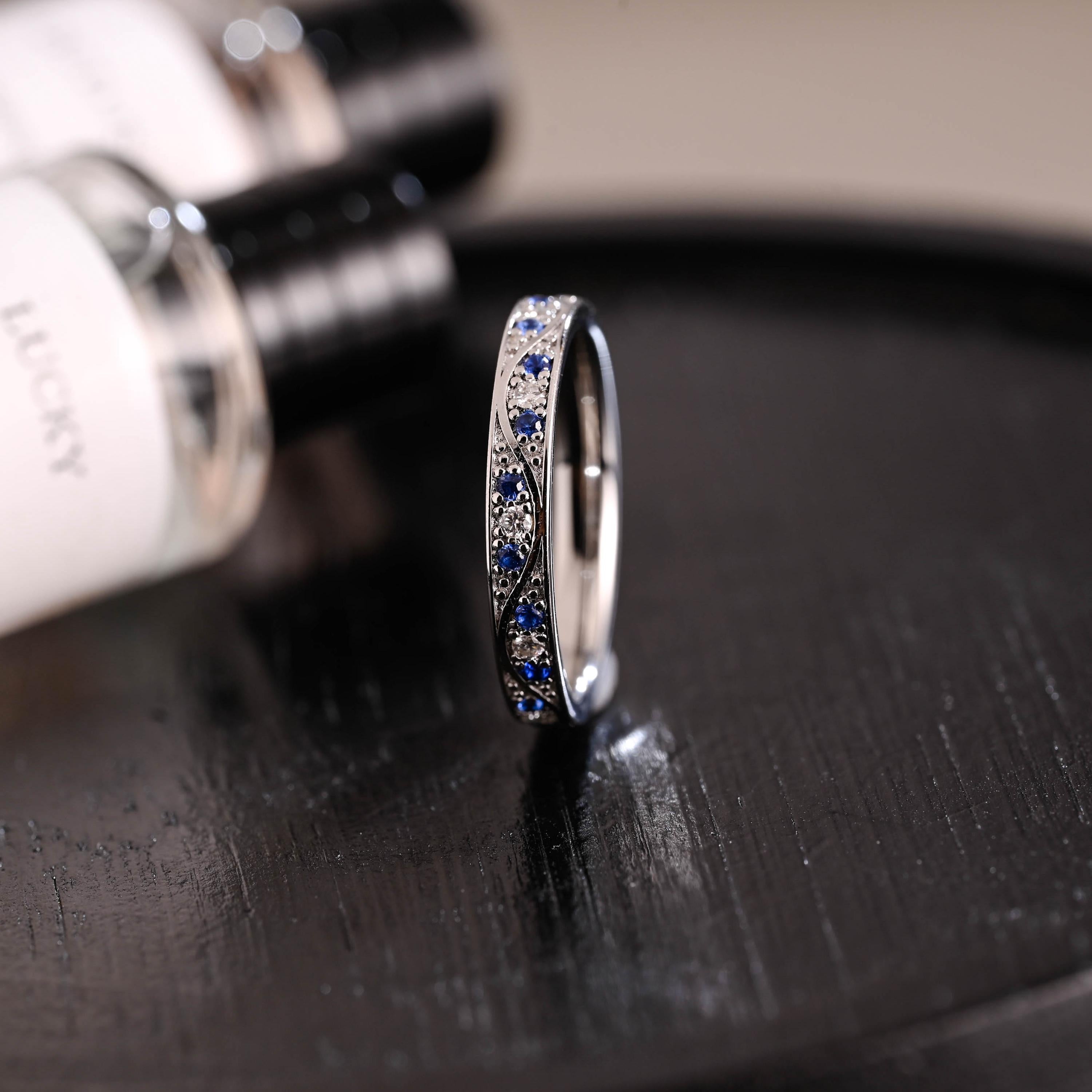 Solid Gold Moissanite & Blue Sapphire Wedding Band, Anniversary Ring