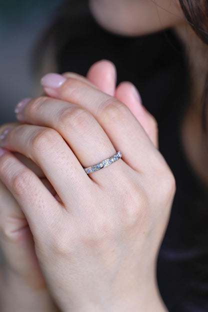 Solid Gold Moissanite & Blue Sapphire Wedding Band, Anniversary Ring