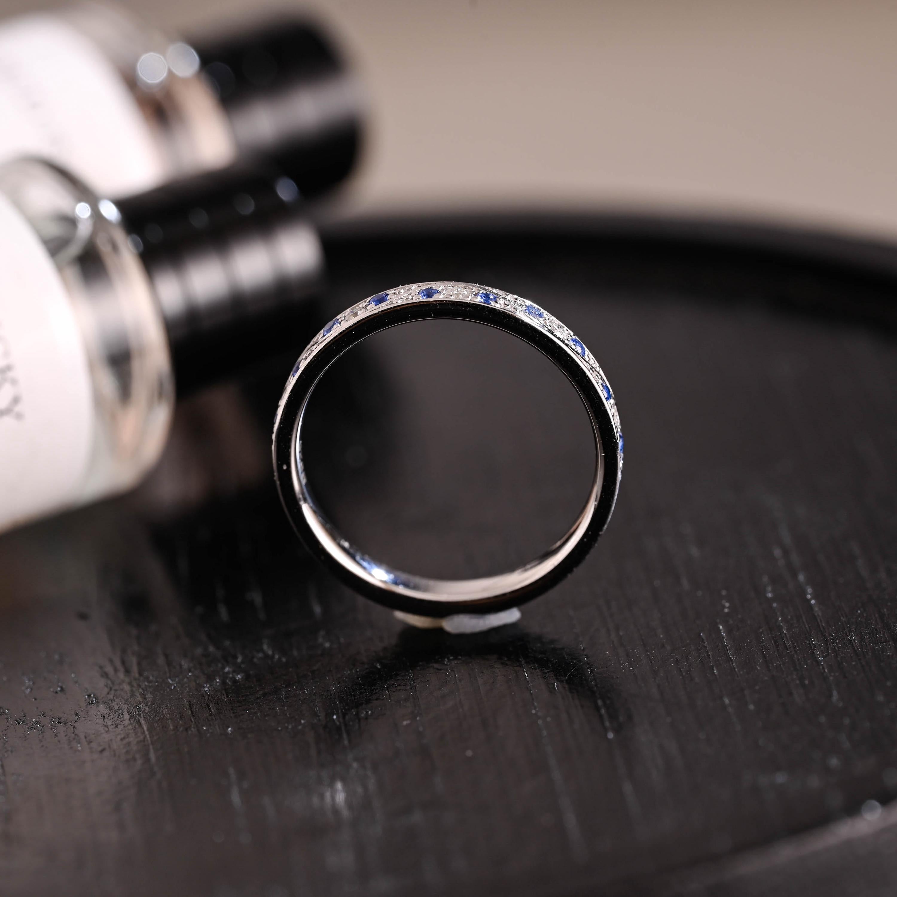 Solid Gold Moissanite & Blue Sapphire Wedding Band, Anniversary Ring