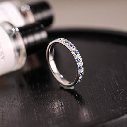 Solid Gold Moissanite & Blue Sapphire Wedding Band, Anniversary Ring