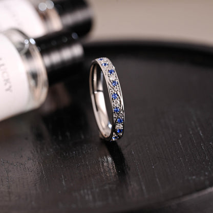 Solid Gold Moissanite & Blue Sapphire Wedding Band, Anniversary Ring