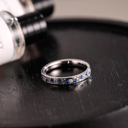 Solid Gold Moissanite & Blue Sapphire Wedding Band, Anniversary Ring