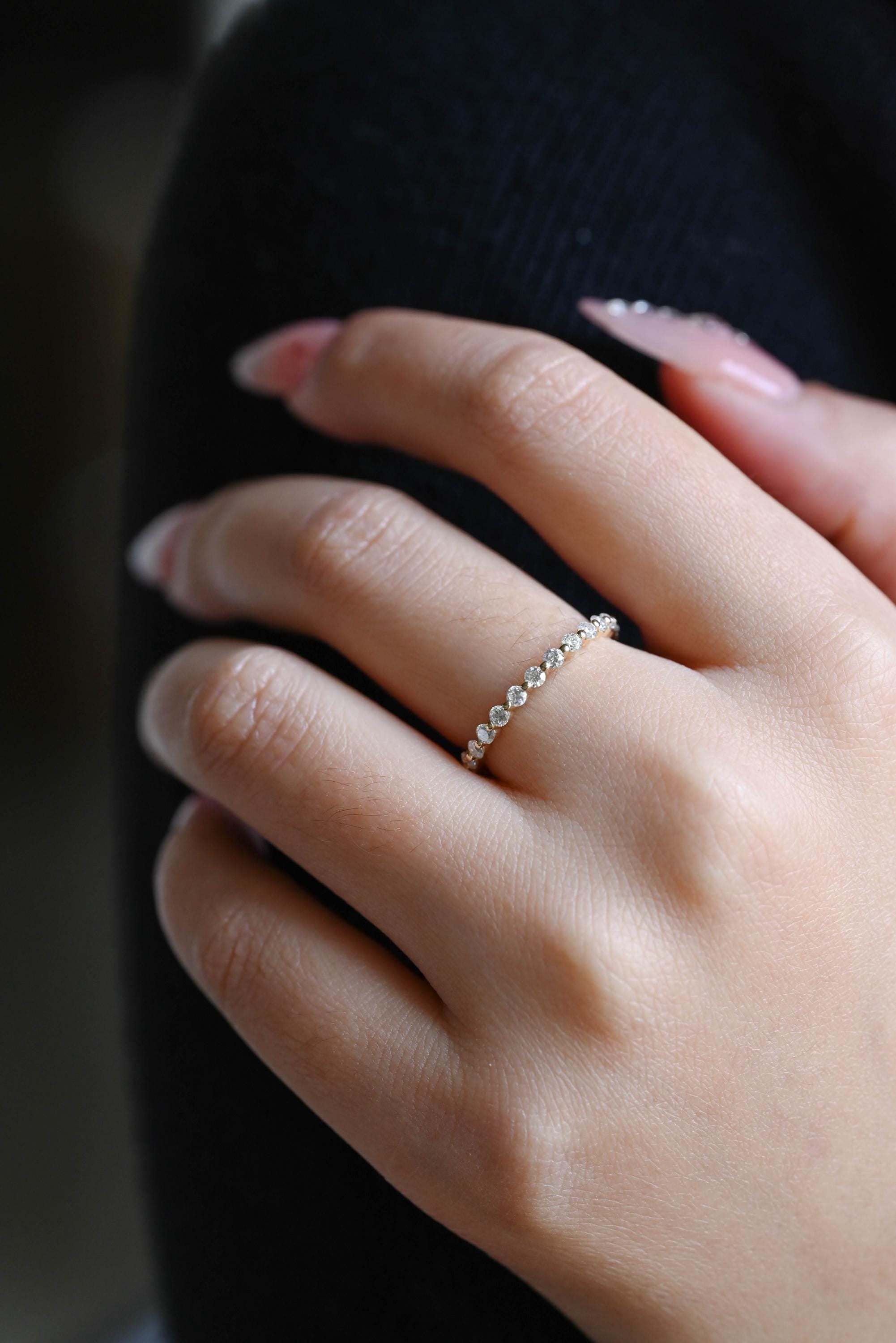 Solid Gold Eternity Moissanite Ring, Round Cut Wedding Band