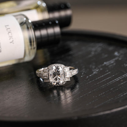 Solid Gold Elongated Cushion Cut Moissanite Engagement Ring, Proposal Ring, Round Half Eternity Promise Ring, Anniversary Gift for Women