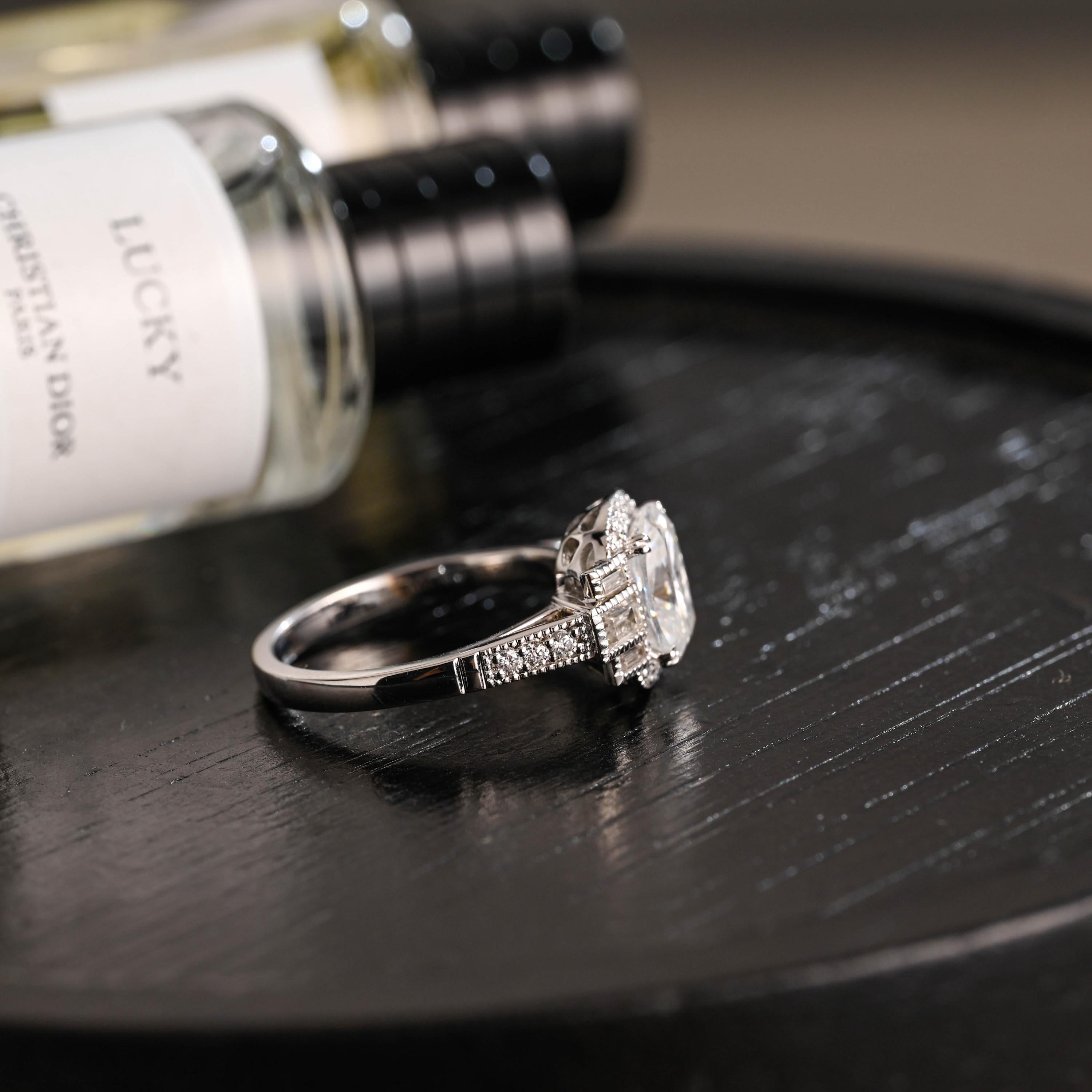 Solid Gold Elongated Cushion Cut Moissanite Engagement Ring, Proposal Ring, Round Half Eternity Promise Ring, Anniversary Gift for Women