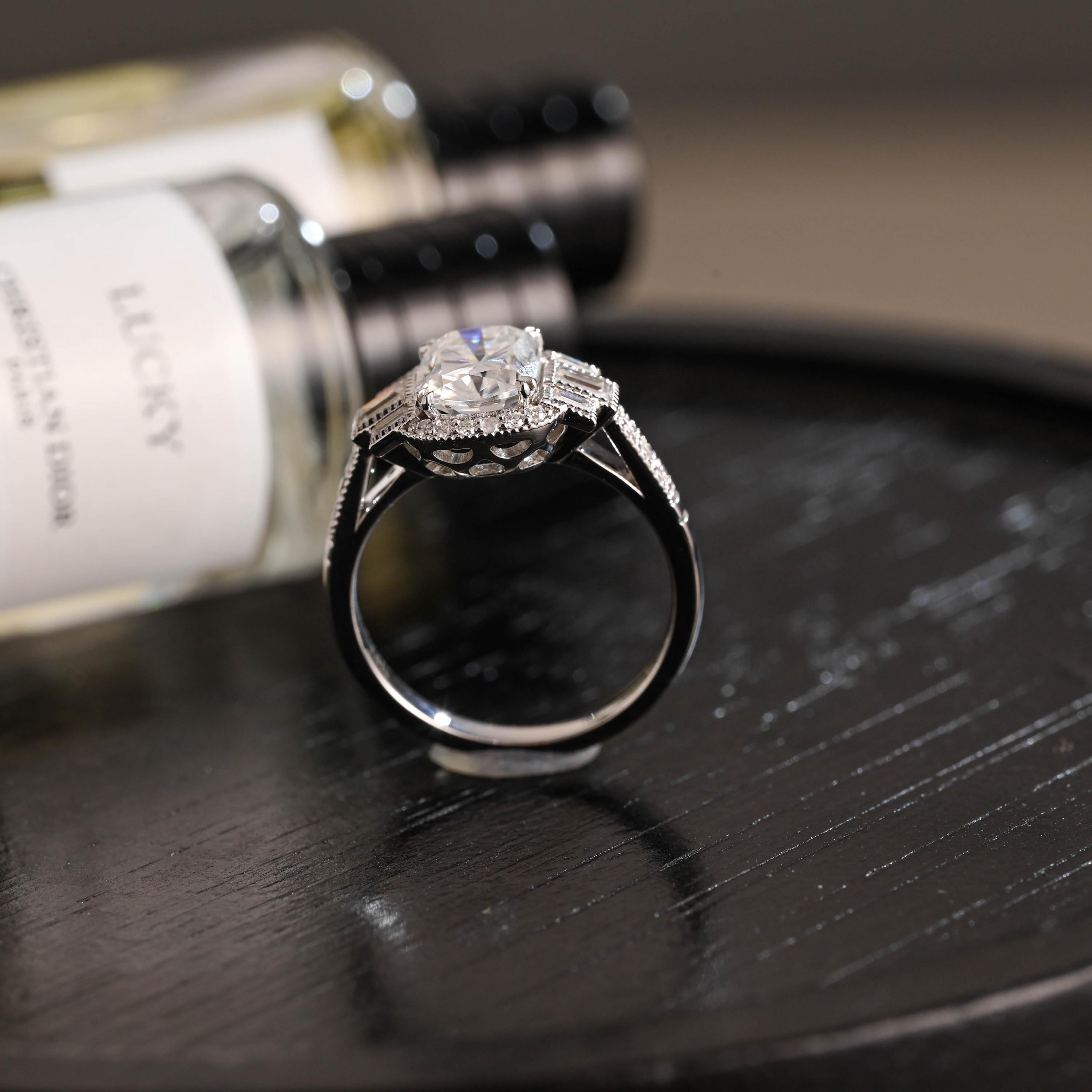 Solid Gold Elongated Cushion Cut Moissanite Engagement Ring, Proposal Ring, Round Half Eternity Promise Ring, Anniversary Gift for Women