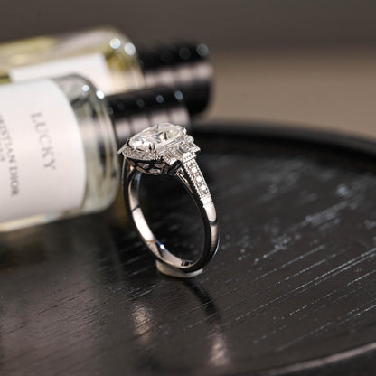 Solid Gold Elongated Cushion Cut Moissanite Engagement Ring, Proposal Ring, Round Half Eternity Promise Ring, Anniversary Gift for Women
