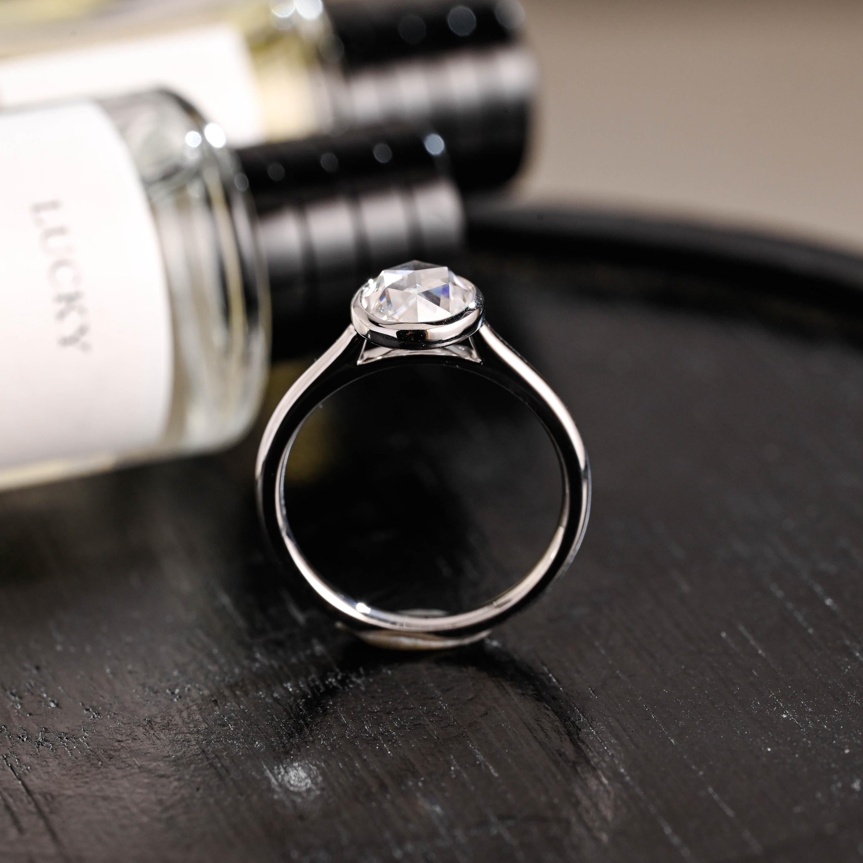 Solid Gold Rose Cut Oval Moissanite Engagement Ring, Anniversary Gift for Women