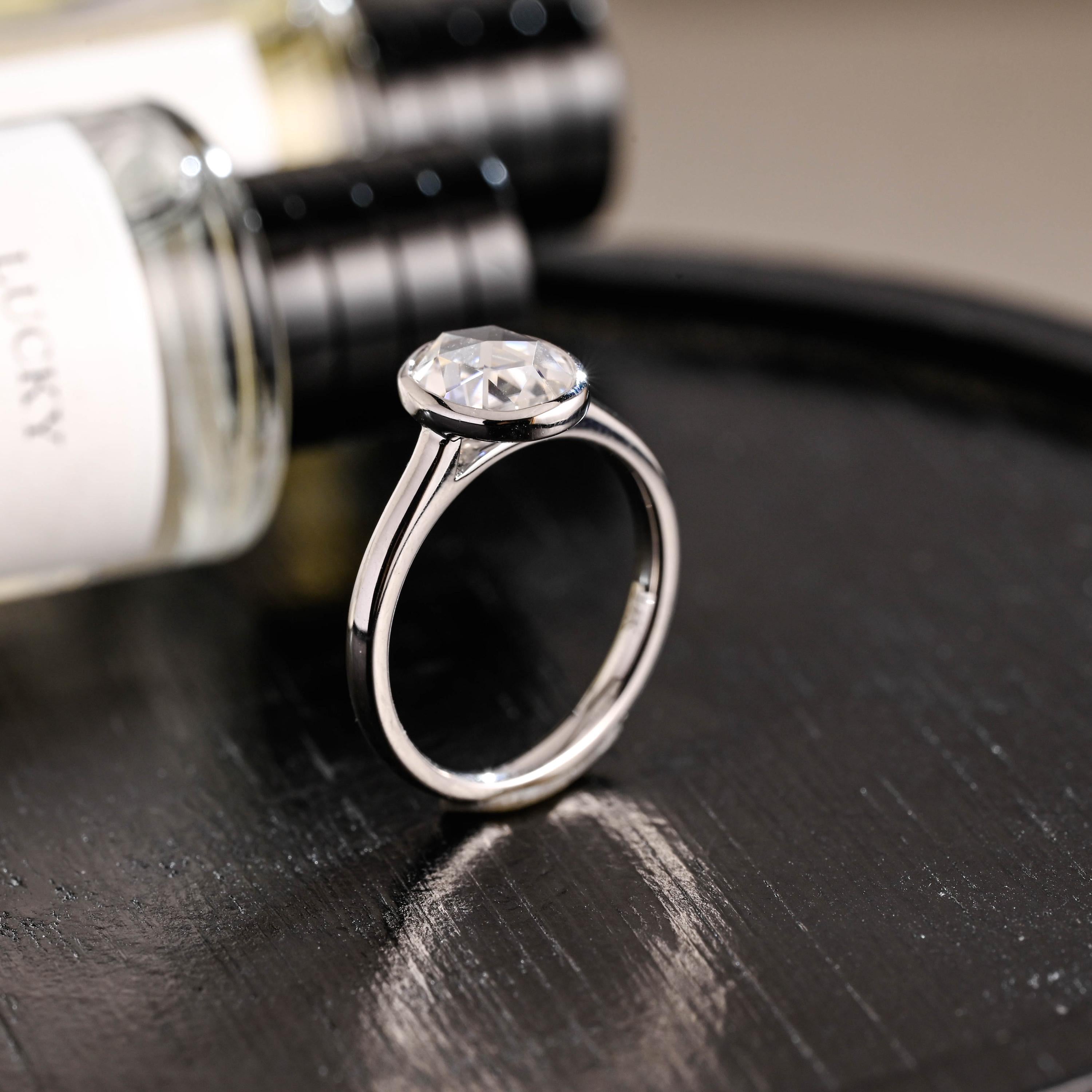 Solid Gold Rose Cut Oval Moissanite Engagement Ring, Anniversary Gift for Women