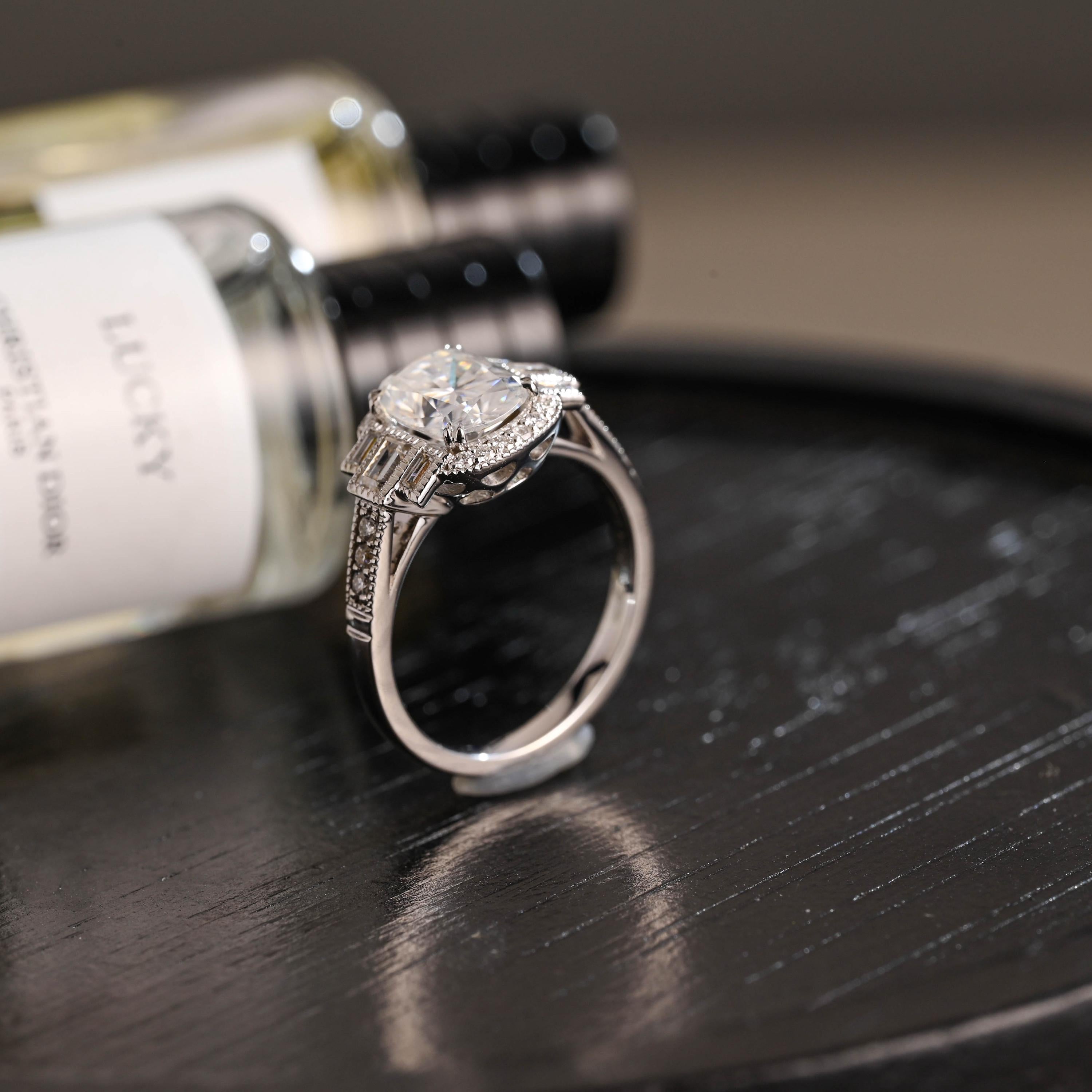 Solid Gold Elongated Cushion Cut Moissanite Engagement Ring, Proposal Ring, Round Half Eternity Promise Ring, Anniversary Gift for Women