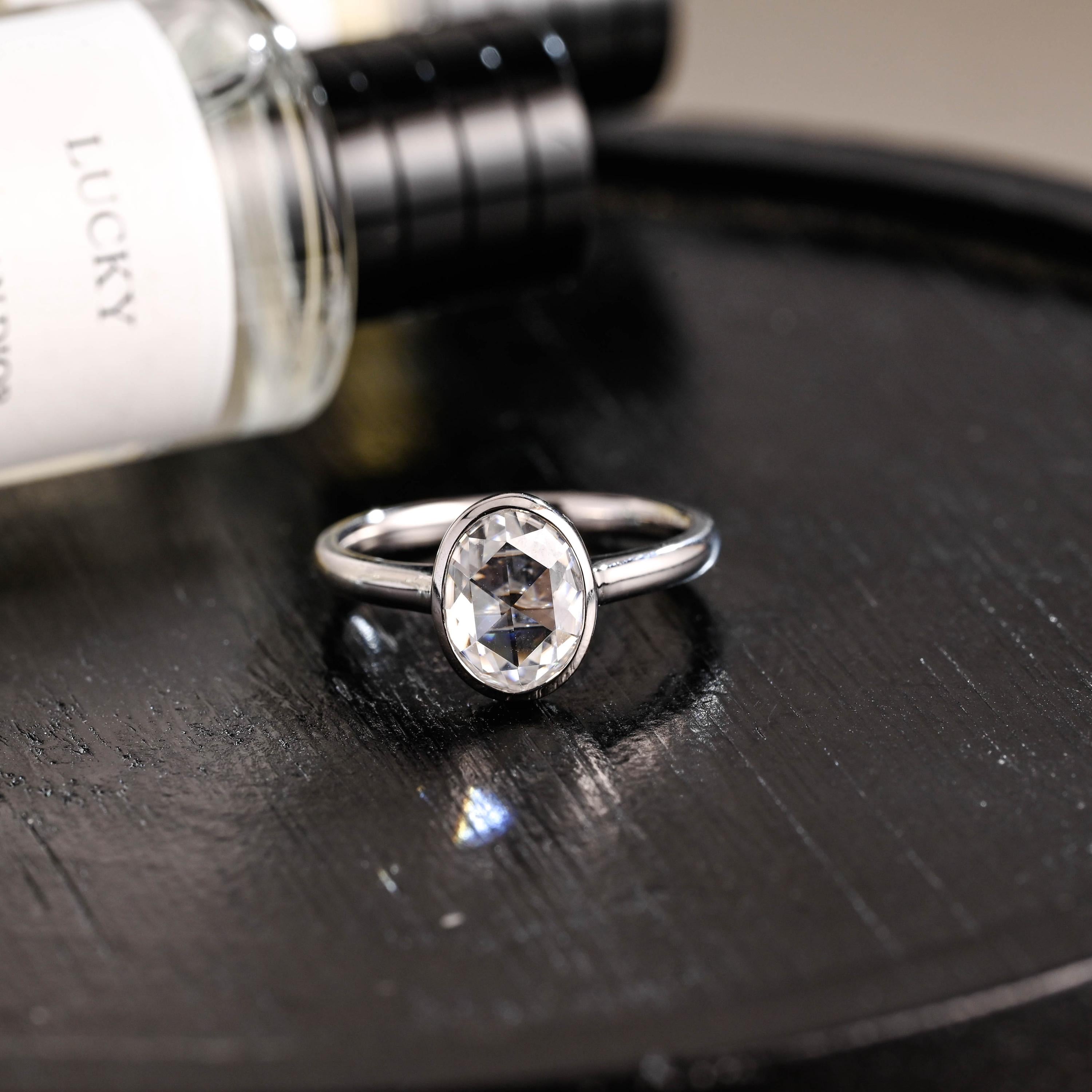 Solid Gold Rose Cut Oval Moissanite Engagement Ring, Anniversary Gift for Women