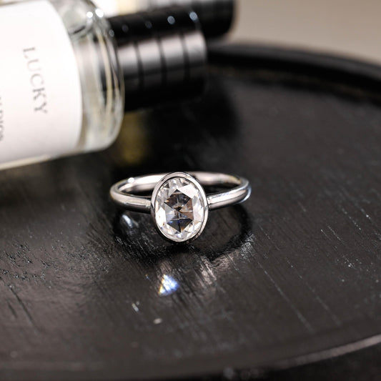 Solid Gold Rose Cut Oval Moissanite Engagement Ring, Anniversary Gift for Women