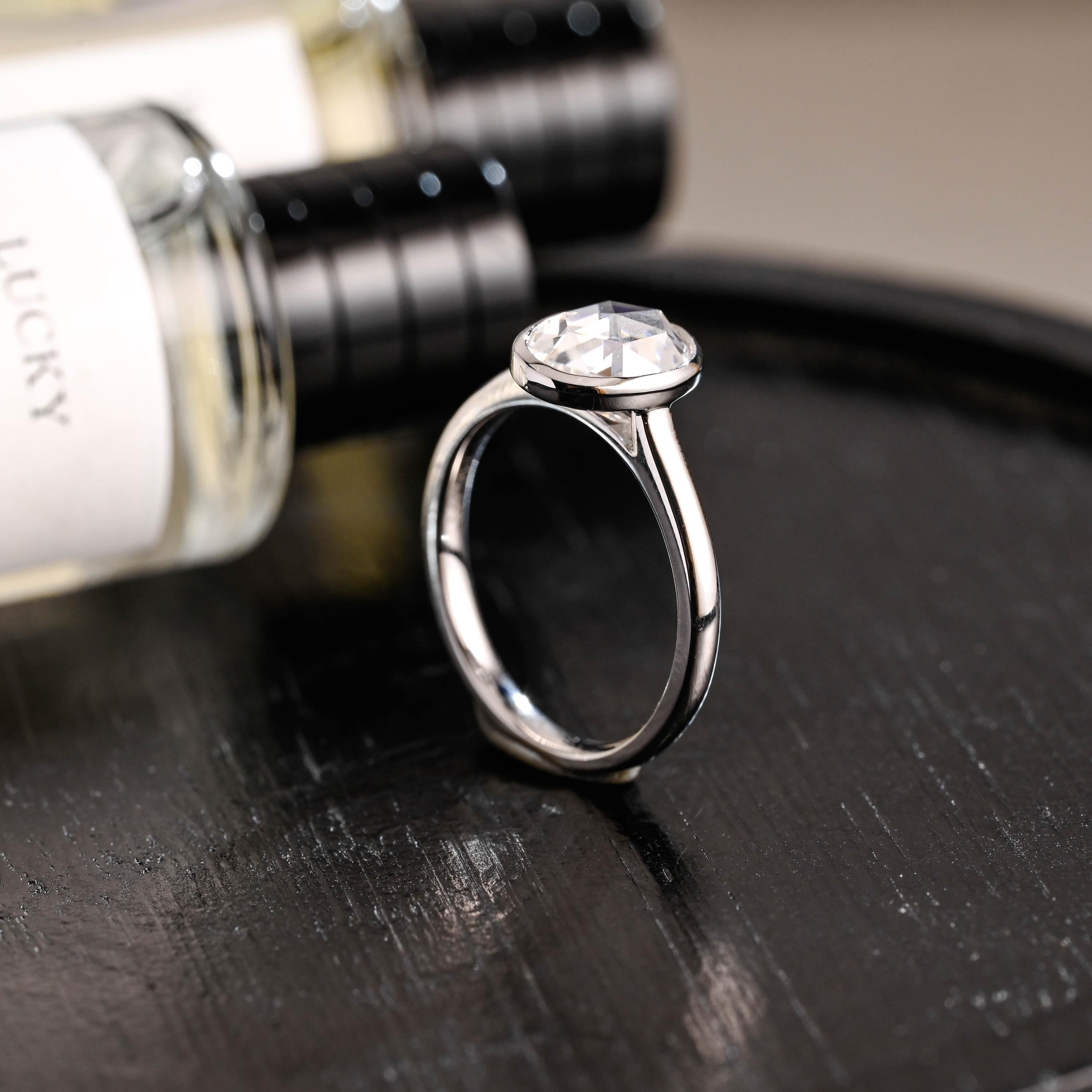 Solid Gold Rose Cut Oval Moissanite Engagement Ring, Anniversary Gift for Women