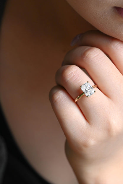 Solid Gold Radiant Cut Moissanite Engagement Ring, Hidden Halo, Art Deco Ring