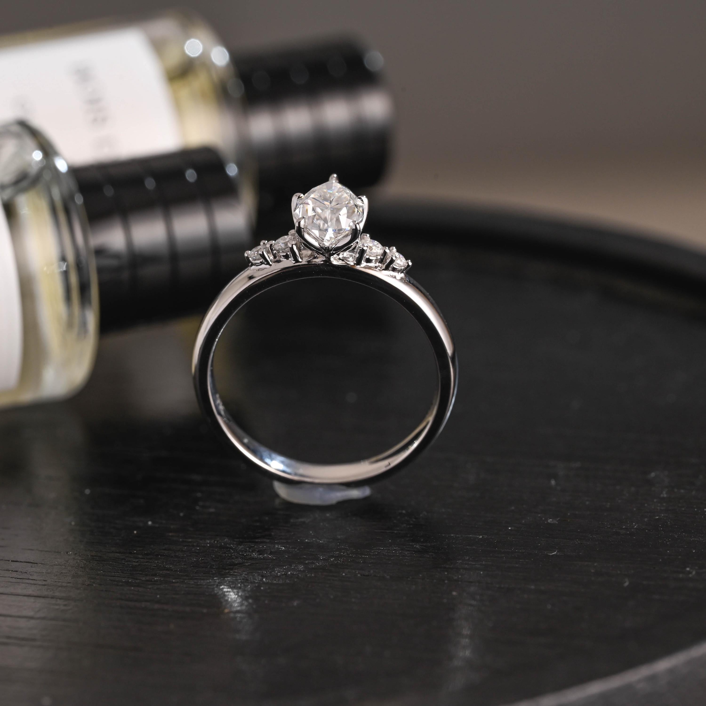 Solid Gold Pear Cut Moissanite Pave Band Engagement Ring, Anniversary Gift Birthday Gift for Women Wife