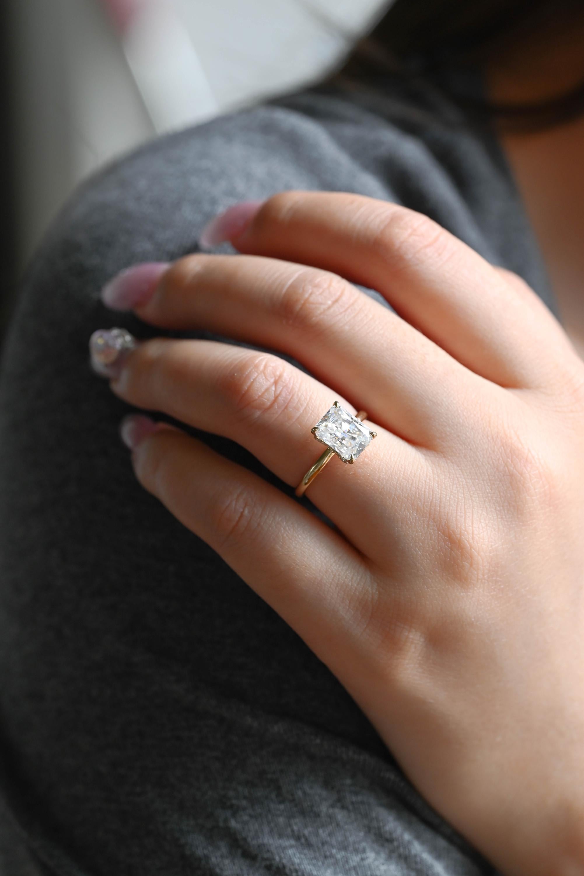 Solid Gold Radiant Cut Moissanite Engagement Ring, Hidden Halo, Art Deco Ring