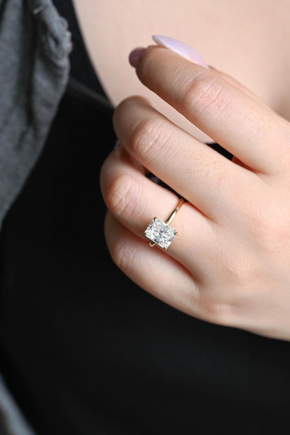 Solid Gold Radiant Cut Moissanite Engagement Ring, Hidden Halo, Art Deco Ring