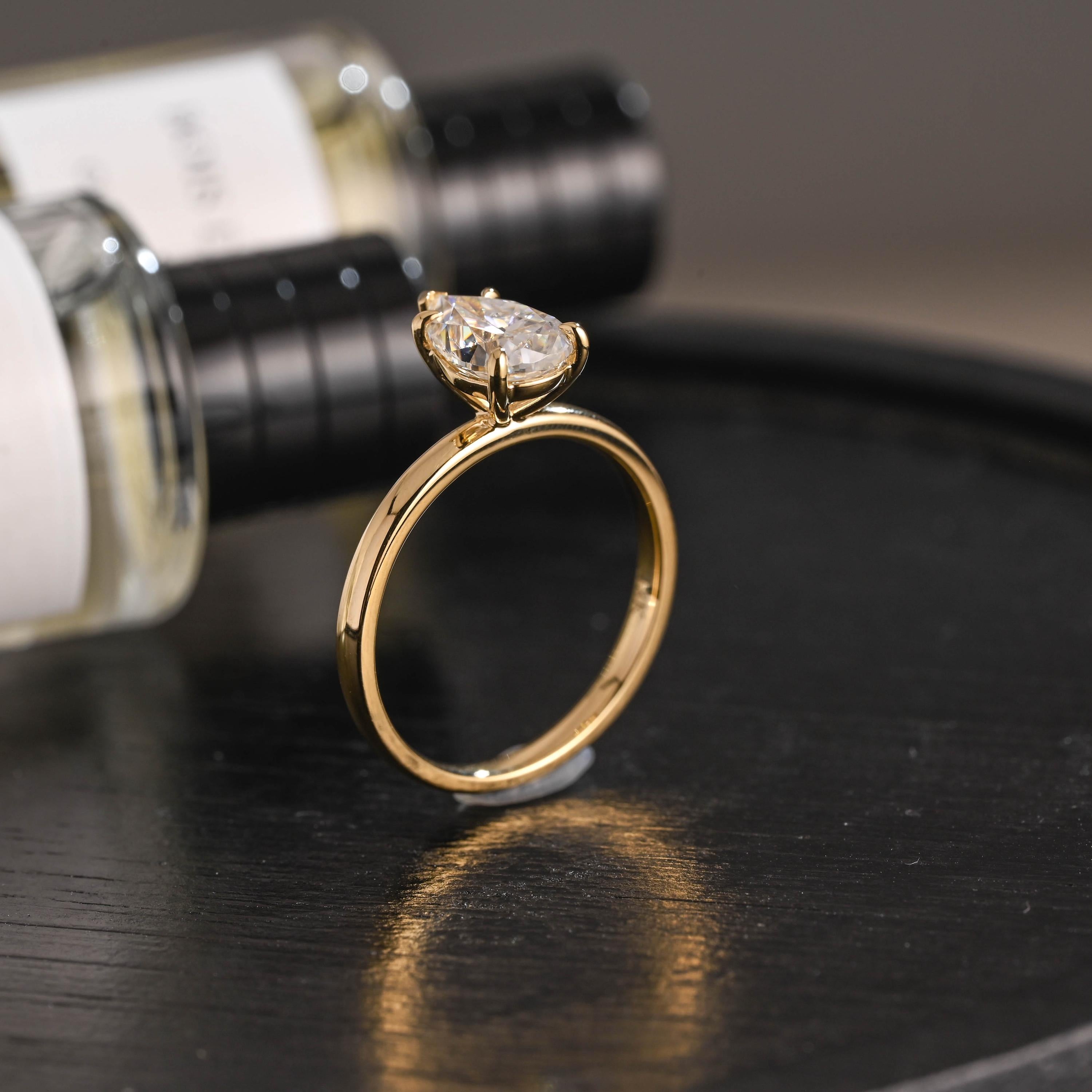 Solid Gold Pear Cut Moissanite Engagement Ring, Proposal Ring, Promise Ring, Wedding Ring