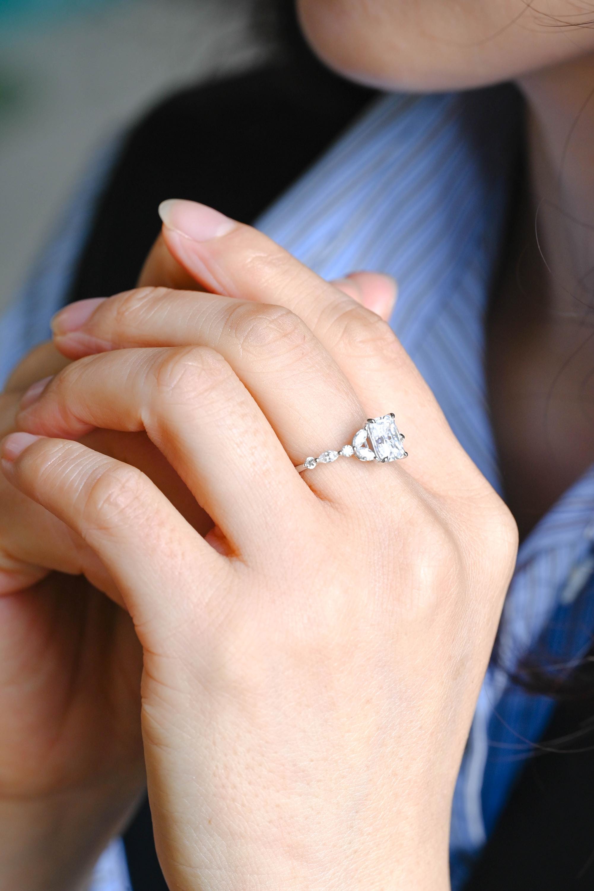 Solid Gold Radiant Cut Moissanite Engagement Ring, Anniversary Gift for Women