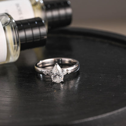 Solid Gold Pear Cut Moissanite Pave Band Engagement Ring, Anniversary Gift Birthday Gift for Women Wife
