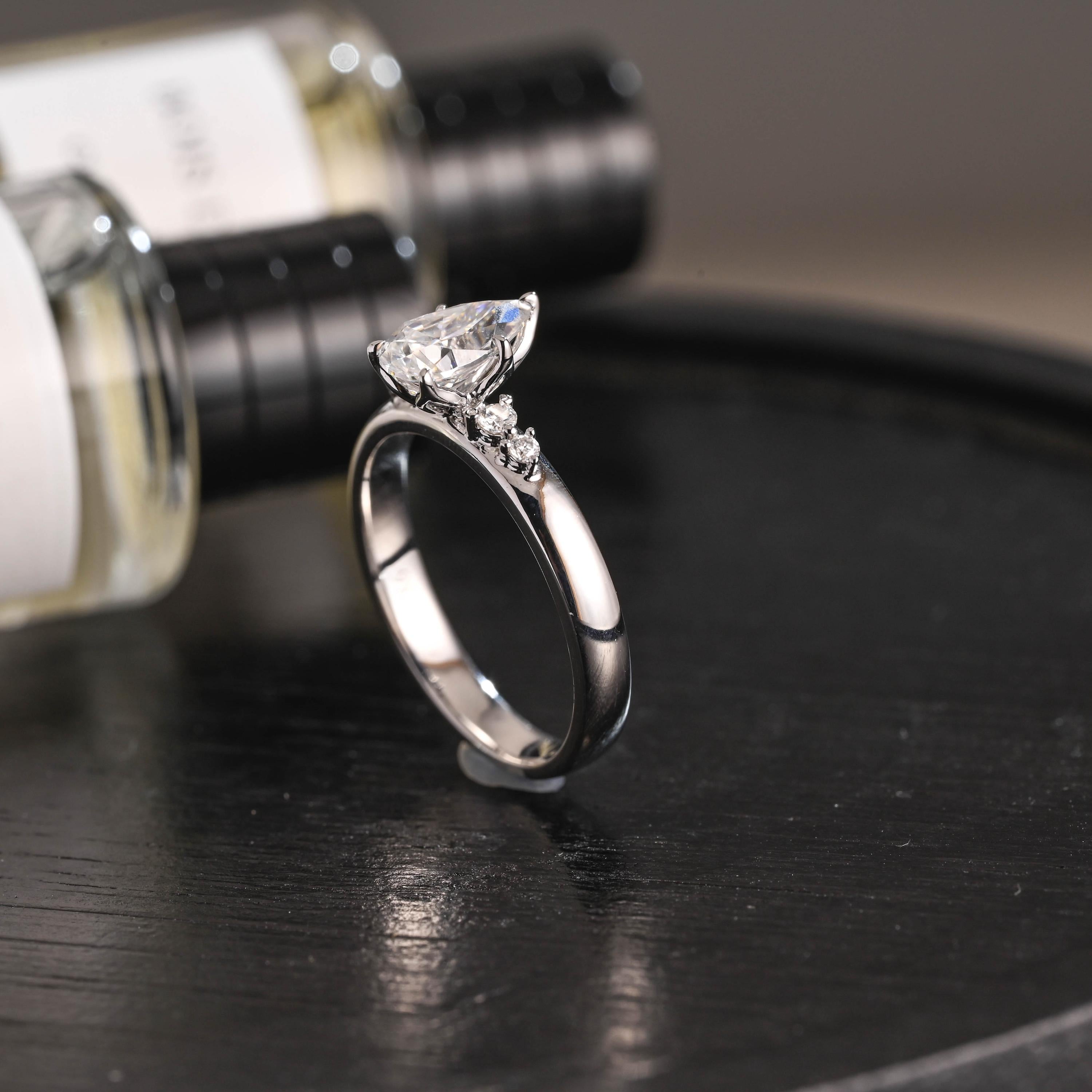 Solid Gold Pear Cut Moissanite Pave Band Engagement Ring, Anniversary Gift Birthday Gift for Women Wife