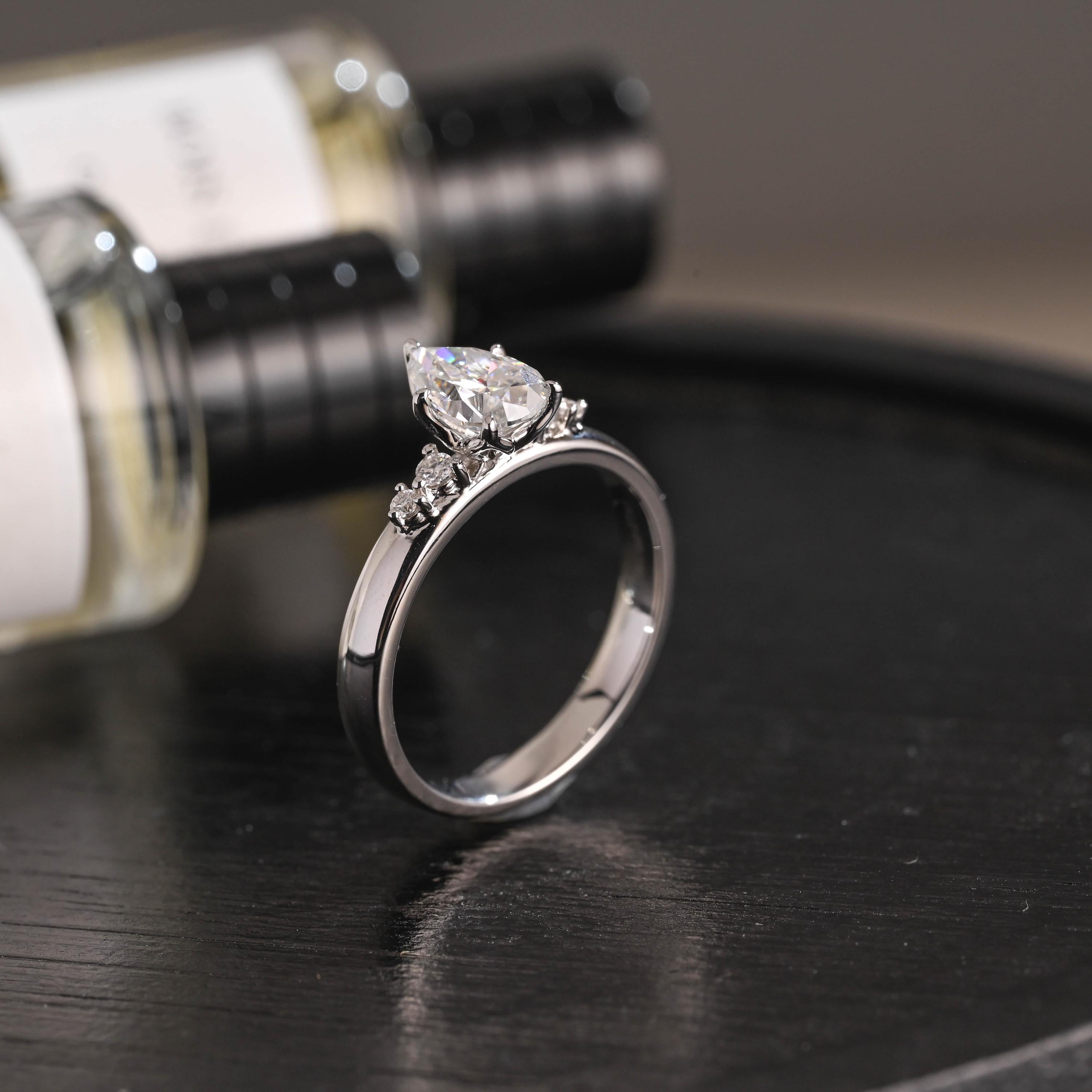 Solid Gold Pear Cut Moissanite Pave Band Engagement Ring, Anniversary Gift Birthday Gift for Women Wife