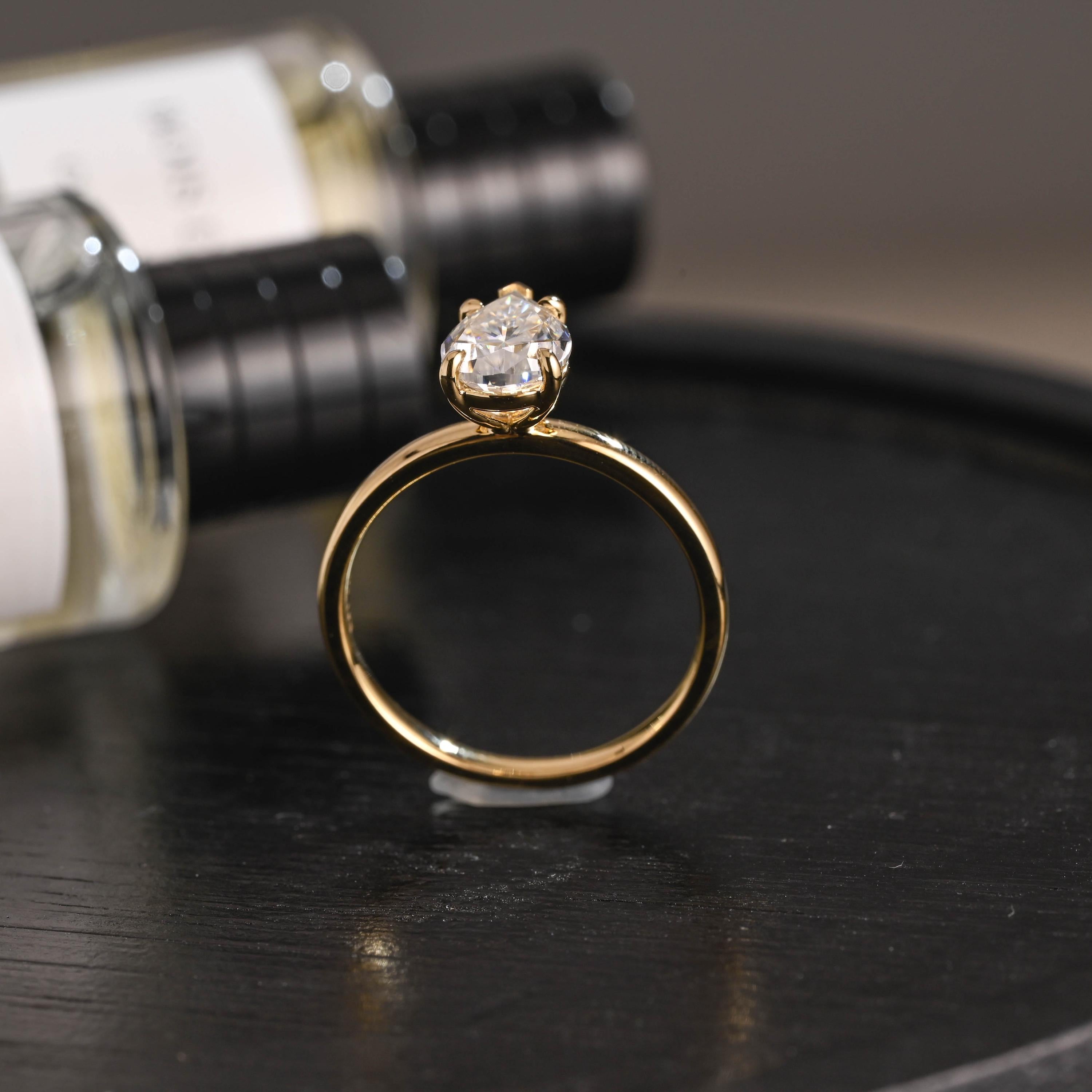 Solid Gold Pear Cut Moissanite Engagement Ring, Proposal Ring, Promise Ring, Wedding Ring