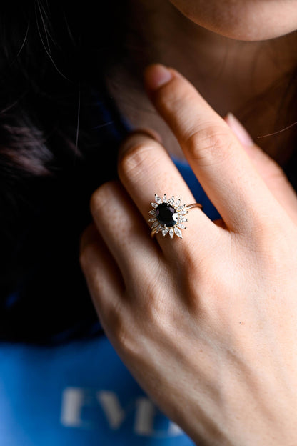 Solid Gold Oval Cut Black Moissanite Engagement Ring, Gothic Style Wedding Ring