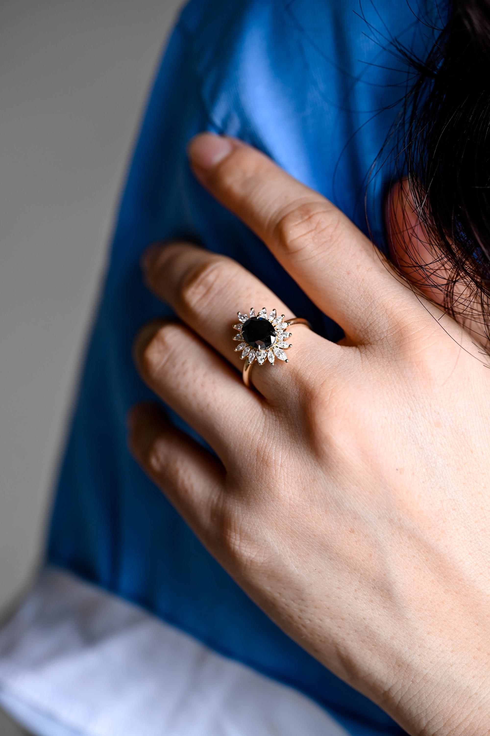 Solid Gold Oval Cut Black Moissanite Engagement Ring, Gothic Style Wedding Ring