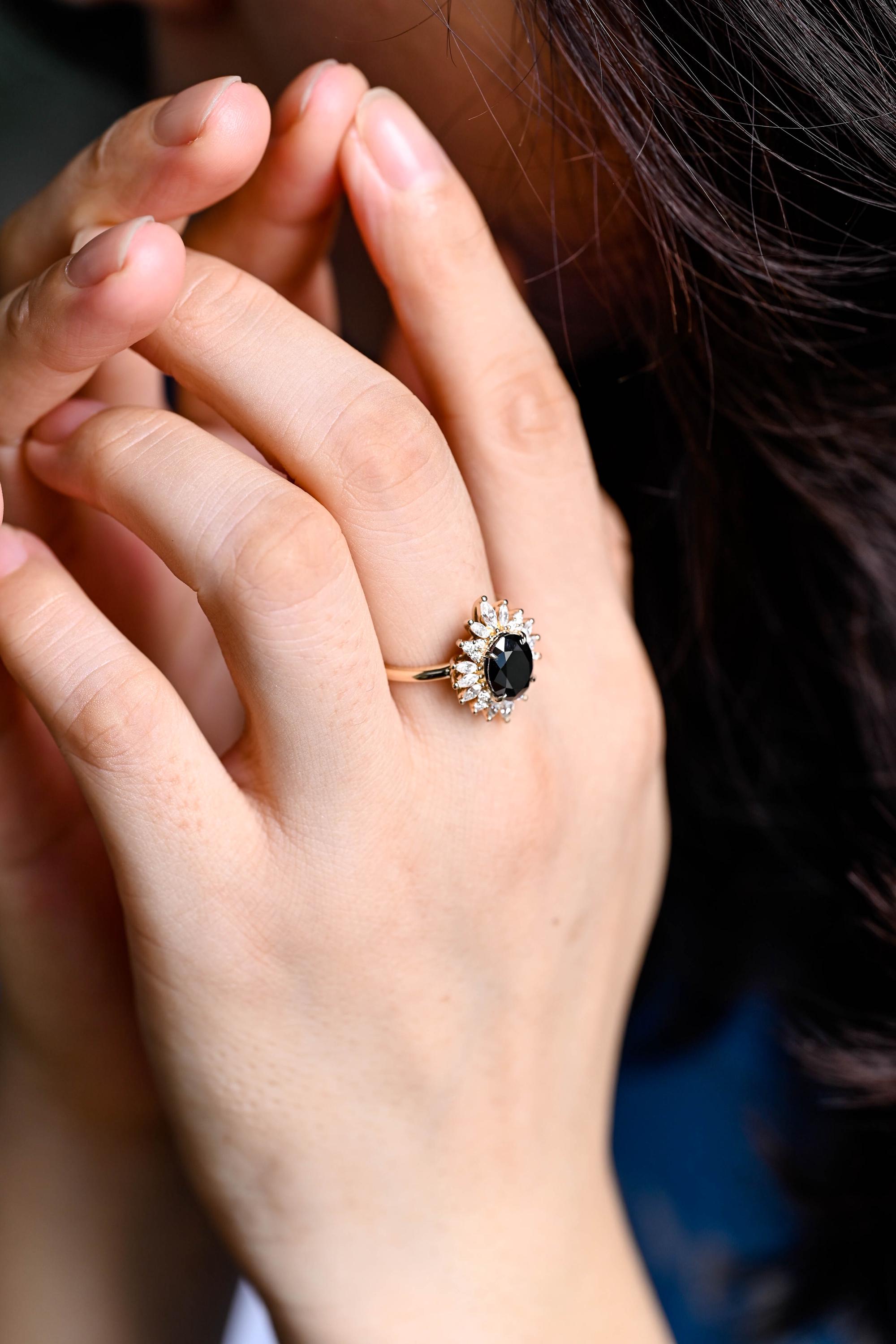 Solid Gold Oval Cut Black Moissanite Engagement Ring, Gothic Style Wedding Ring