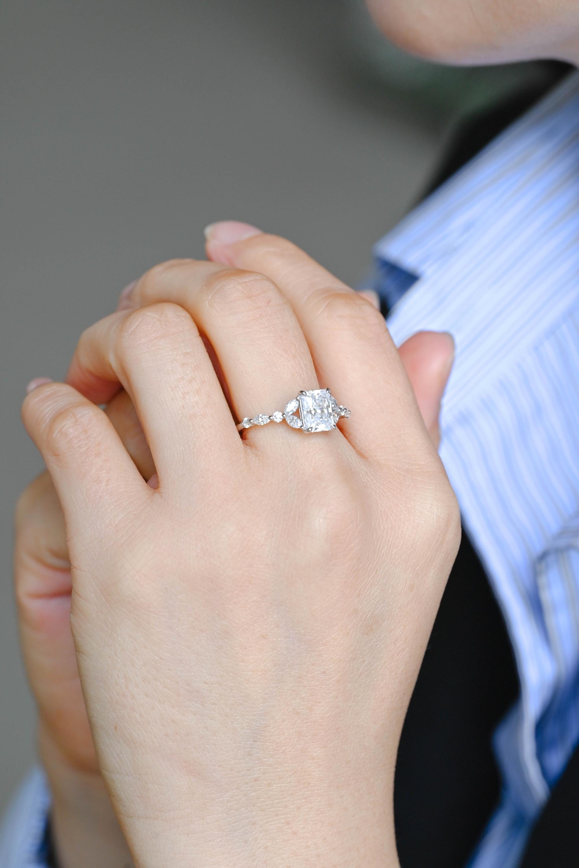 Solid Gold Radiant Cut Moissanite Engagement Ring, Anniversary Gift for Women