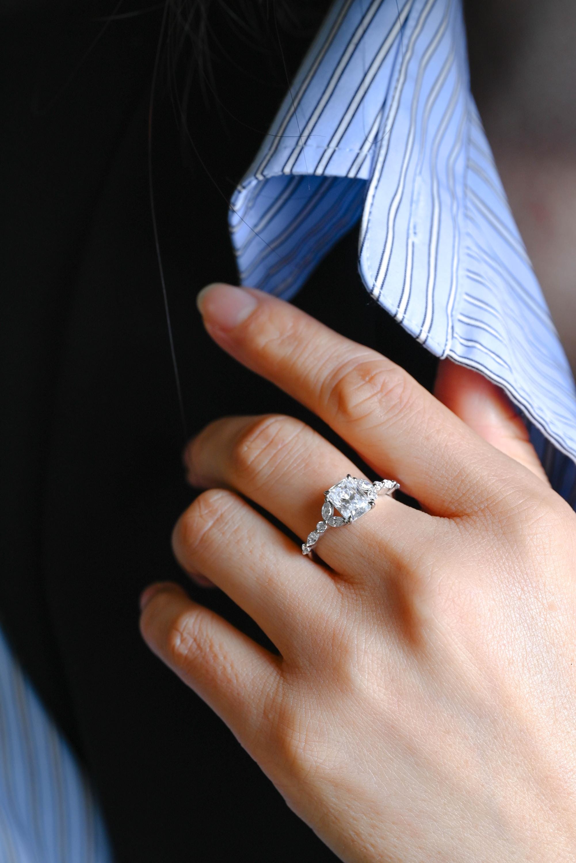 Solid Gold Radiant Cut Moissanite Engagement Ring, Anniversary Gift for Women